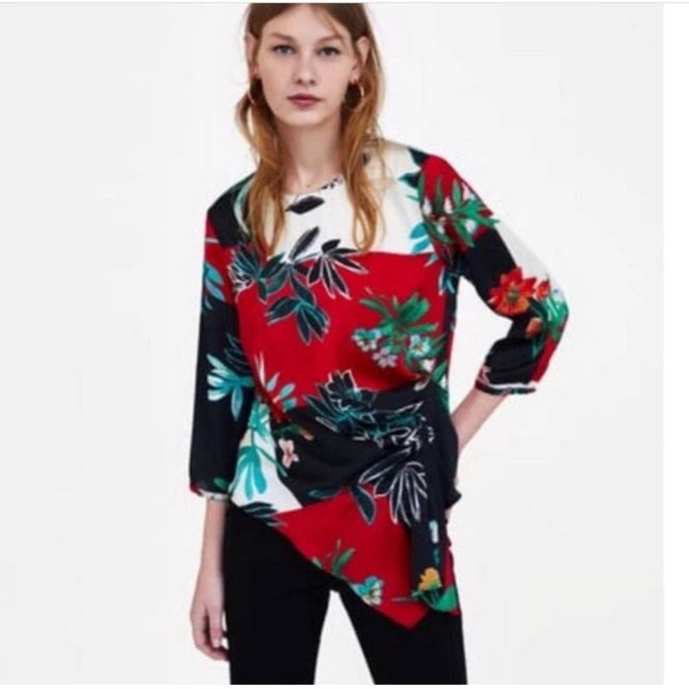 Zara Silk Effect Asymmetrical Hem Floral Print Blouse, Size S